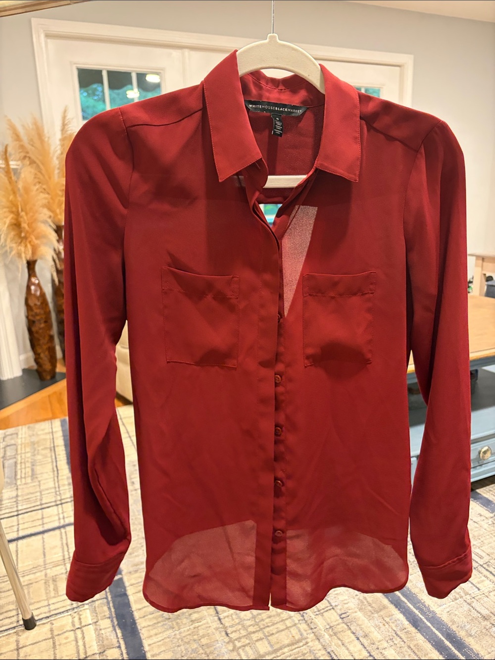 White House Black Market Sheer Button-Up Blouse in Burgundy